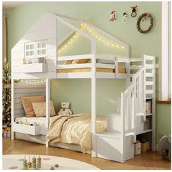 MODFU Hochbett Platzsparendes Etagenbett mit Stauraumtreppe, in Weiß (Etagenbett, Hochbett, 1-St., Aus robustem Massivholz fürs Kinder- oder Jugendzimmer,90x200 cm) Inkl. Rausfallschutz und Fenster, ohne Matratze weiß