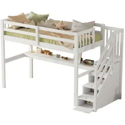 Okwish Hochbett 90/200 cm Weiß Kinderhochbett mit Stauraumschubladen und Unterbettschreibtisch aus Kiefernholz , Holz , 90x200 cm , Babymöbel & Kindermöbel, Kinderzimmer & Jugendzimmer, Kinderbetten, Hochbetten