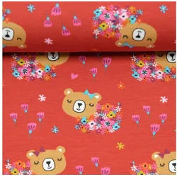 larissastoffe Stoff Jersey Stoff Bären Blumen rot, Meterware, 50 cm x 150 cm rot