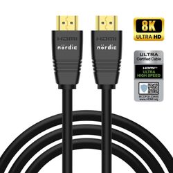 NÖRDIC CERTIFIED CABLES 2m Ultra High Speed HDMI2.1 8K 60Hz 4K 120Hz 144Hz 48Gbps Dynamic HDR eARC Game Mode VRR Dolby ATMOS gullbelagt PVC svart