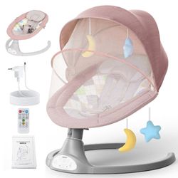 Elektrisk babyrocker med musik, automatisk rocker med myggenet, 5-gears babygynge, 0-12 måneder, 0-9 kg, lyserød