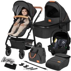 Kombinerad vagn 3-i-1 LIONELO Amber - Pack vagn med paraply, liggdel, bilstol, väska och tillbehör - Mörkgrå