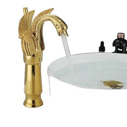 Badrumsvaskblandare, Vintage Koppar Svandesign, Varm och Kall Blandare, Hög Gyllene