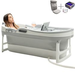 HelloBath® Sammenklappeligt Badekar 148 cm – Ekstra Langt Transportabelt Badekar til Voksne & Børn - Sølv- Inkl. Badepude, Opbevaringstaske & Tilbeh