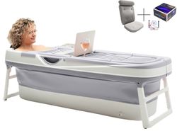 HelloBath sammenleggbart badekar for voksne - Sølv - 157 cm - ekstra langt - inkluderer badepute og oppbevaringstrekk
