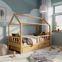 Montessori-seng for småbarn i heltre, Husseng 90x200 cm med skuffer
