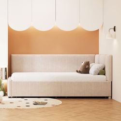 Polstret seng med opbevaring 90x200 cm – Multifunktionel sovesofa med 2 store skuffer og lamelbund, betrukket med hudvenligt fløjlsstof – Beige