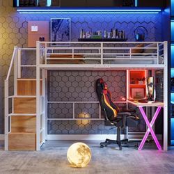 90x200cm hems seng med LED - skrivebord + garderobe + opbevaringsstige - hvid