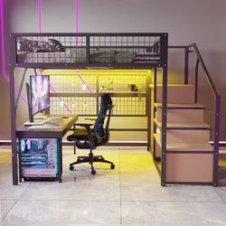 Jernseng, køjeseng, høj seng 140x200, metal høj seng med LED lys, trappe med opbevaring, åben garderobe, sort