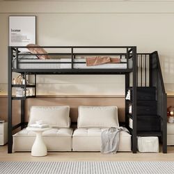 Hems 90x200 cm – med hylder, opbevaringsstige og gelænder, plads under sengen – sort