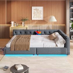 Daybed/Sofa 140x200 cm med lamelbund, LED-lys og fjernbetjening, hovedgærde med knapper, USB+Type-C, linned, grå, uden madras