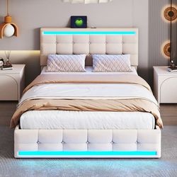 Polstret seng 140x200 cm med LED-belysning, 4 opbevaringsskuffer og 2 USB-porte – Plateauseng i beige hørstof med oplyst sengegavl og fodgærde