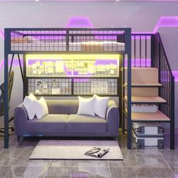 Jernseng, køjeseng, høj seng 90x200, metal høj seng med LED lys, trappe med opbevaring, åben garderobe, sort