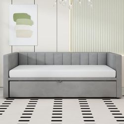 Polstret sovesofa udtræksseng 90/180x200 cm med lamelbund, multifunktionel seng i hudvenligt fløjlsstof grå