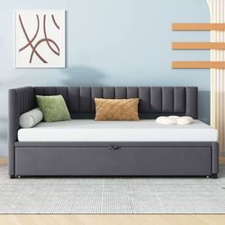 Multifunktionel L-formet fløjl sovesofa 90/180x200 - udtræksseng, pladsbesparende seng til børneværelser og gæsteværelser - Grå