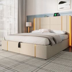 Sengeboks seng 180x200 cm betrukket med hørstof - med LED og ladefunktion - med lamelramme - Beige