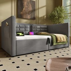Sovesofa 90x200 cm, enkeltseng med hydraulisk opbevaringsplads, USB & Type-C opladning, lamelbund i træ, fløjlsgrå, uden madras