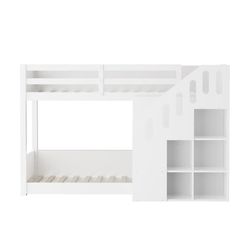 Køjeseng til børn - 2x90x200 cm - med trappeskab og gelænder - hvid (uden madras)