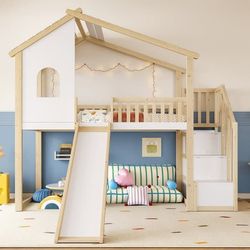 Hems 90x200 cm med faldsikring, opbevaringsstige, vindue, rutsjebane, husdesign, natur + hvid