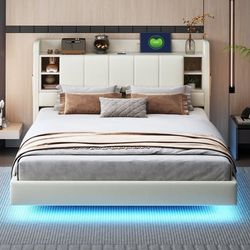 Dobbeltseng 160x200 cm i hørstof med knappolstring – USB-stik, LED-belysning og metalramme – Beige
