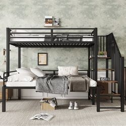 Metall Etagebädd 90x200 & 120x200 cm - För barn och ungdomar, hörnstege med förvaring - Metall & MDF - Svart & vintage trä