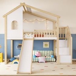Hems 90x200 cm med faldsikring, opbevaringsstige, vindue, rutsjebane, husdesign, natur + hvid