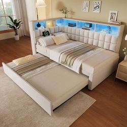 Linnedseng 90x200 med udtrækkelig seng 90x190, LED, Bluetooth-højttaler, USB/Type-C og L-formet sengegavl i beige uden madras