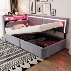 Polstret bed 90 x 200 cm med LED og USB, åbenbart sengegærde, hydraulisk opbevaring, lysegrå fløjl