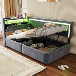 Polstret bed 90 x 200 cm med LED og USB, åbenbart sengegærde, hydraulisk opbevaring, mørkegrå fløjl