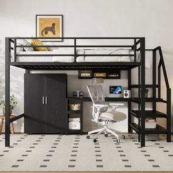 140x200 cm Metal Hems Seng - med Skrivebord, Garderobe og Opbevaringsstige - Sort