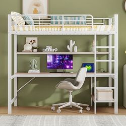 Hems 90x200 cm - med faldsikring - med stige - med USB og stikkontakt - med LED-lampe - med skrivebord + hylder i flere niveauer - hvid (uden madras)