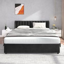 Polsterbed 180x200 cm, sammet med lattenrost, ryggstöd, 2 lådor, svart