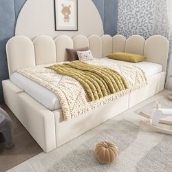 Bäddpall med förvaringsutrymme - sammetstyg - 90x190 cm - med spjälstomme - beige