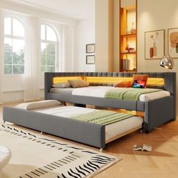 Dagseng 90x200 cm i linned med udtrækkelig seng, LED-lys, USB & Type-C, sovesofa uden madras, grå
