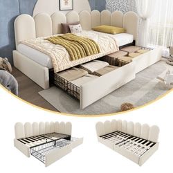 Polstret enkeltseng 90x200 cm med skuffer og lameller, fløjls-dagsseng/sovesofa til børn, teenagere og voksne, beige