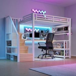 Hochbett 90x200 cm med metalramme, LED-lys, skrivebord, hylde, trappe med opbevaring, USB & Type-C, hvid, uden madras