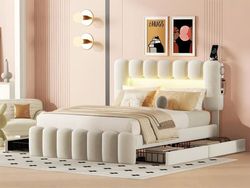 Polstret seng 140x200cm med 4 skuffer - med LED + USB-opladningsstik + afspiller