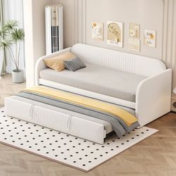 Seng med opbevaring udtrækssovesofa 90/180x190 i beige hørstof med lodrette striber, lamelbund, multifunktionel, uden madras