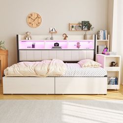 Metal daybed 90x200 i hvid med opbevaring, aflåselige rum, multifunktionelle stikkontakter, LED-belysning, store skuffer og udtræksbord
