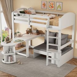 Högsäng för barn, multifunktionell barnsäng med stege, utdragbart bord, soffa med förvaring, hyllor och kuddar, vit 90x200