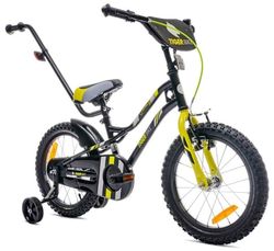 sun baby TIGER BIKE Barncykel 16 tum - växlar Shimano - Justerbar sadel och styre, Klocka, Stödhjul - Svart Gul Grå