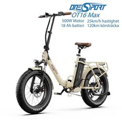 ONESPORT OT16 Max 500W motor, 18AH batteri, 20*4,0 tum däck, 120 km räckvidd, 25 km/h hastighet, hydrauliska skivbromsar, elcykel