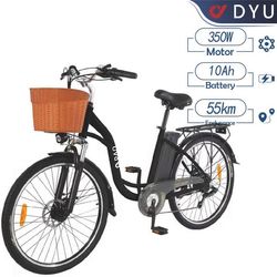 DYU C6 elektrisk stadscykel, motor 350W, batteri 36V 10Ah, räckvidd 55 km, maxhastighet 25 km/h, med korg och bakre rack -svart