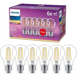 Philips, paket med 6 glödlampor E27 transparenta lysdioder 60W, varm vit