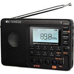 Retecess V115 Bärbar Radio, Liten Laddningsbar Radio, FM AM SW, Batterier och Elnät, TF-kort, Inspelare, MP3, Sleep Timer