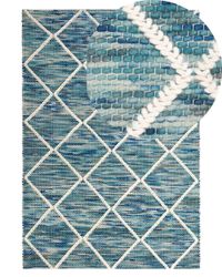 Blåt Uldtæppe 140 x 200 cm Geometrisk Mønster Håndvævet Boho Stil