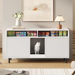 Kattlådeskåp med sandfångmatta, husdjursvänligt skåp med förvaring, sideboard/TV-bänk för kattlåda, vit, 120×50×66 cm
