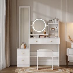4-i-1 toiletbord med helkropsspejl, drejeligt spejl, LED-belysning i 3 farver, skammel og metalhåndtag – hvid – 109x36x164 cm