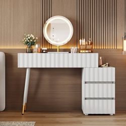 Toiletbord med LED spejl og belysning – Hvidt toiletbord til soveværelse med 5 skuffer – 100x40x127 cm (uden skammel)