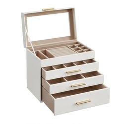 Smykkeskrin med glasslokk og 3 skuffer - Hvit/Gull
